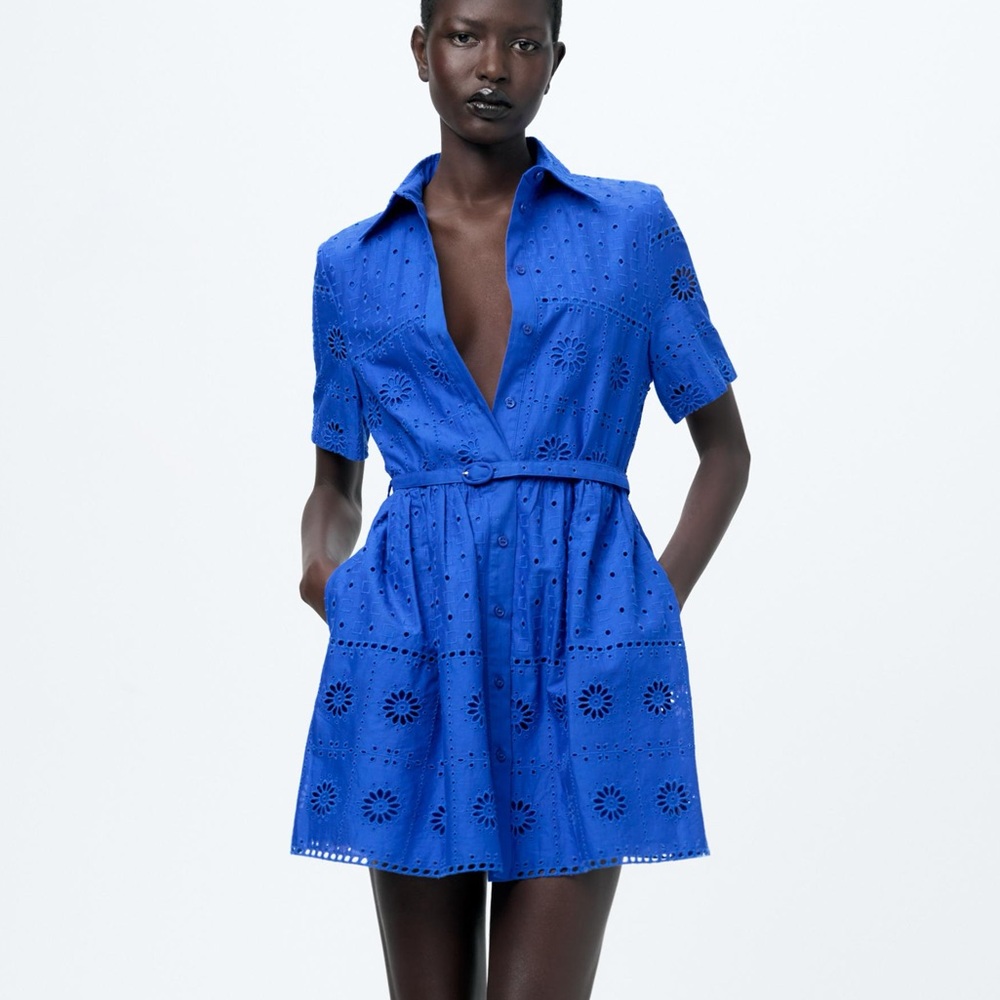 Zara embroidered eyelet mini belted dress